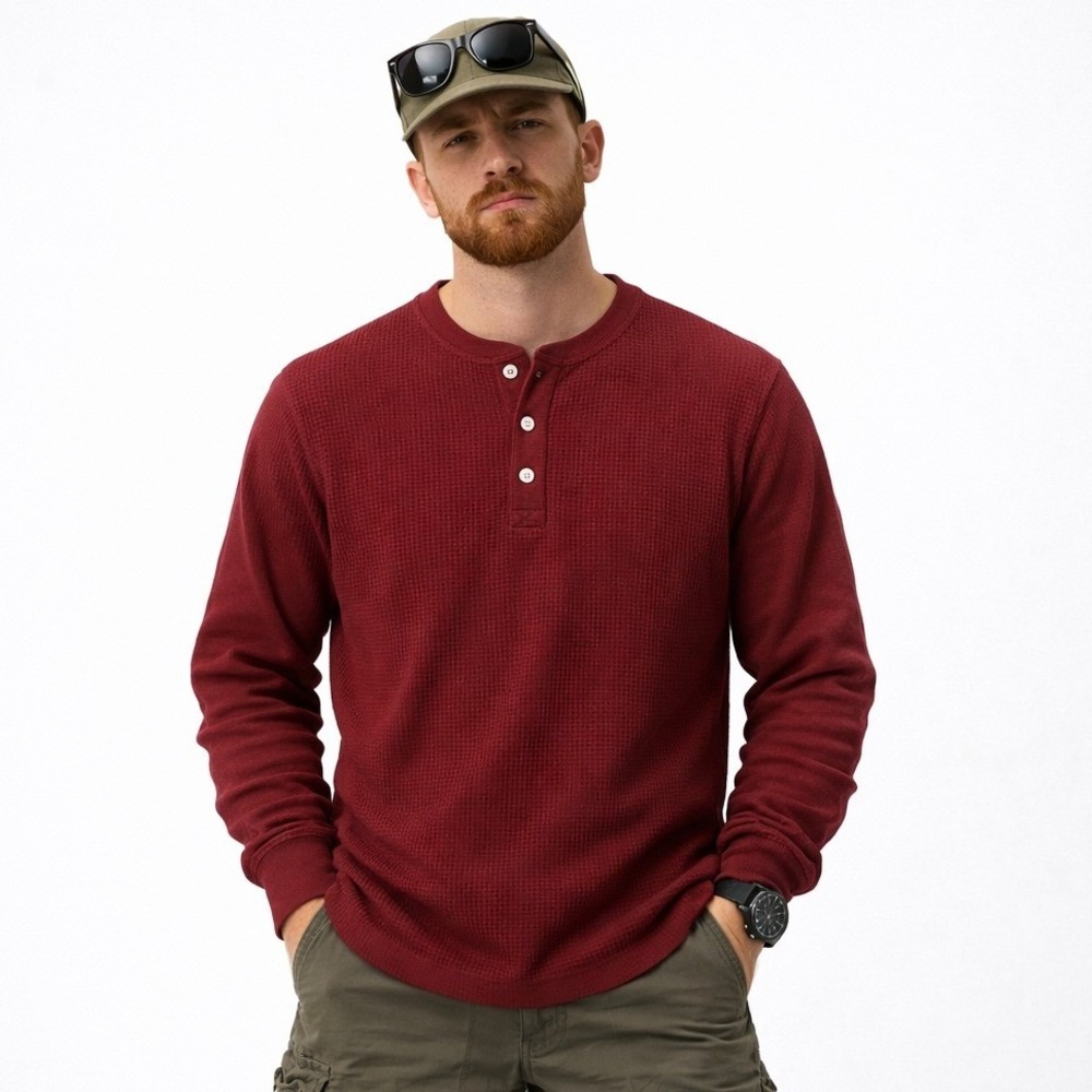 NEW American Giant Mens XL Waffle Knit Henley Shirt Burgundy Long Sleeve